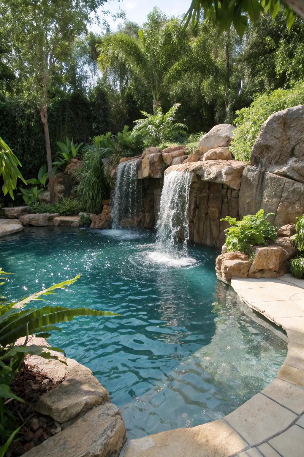 A waterfall brings a dynamic touch to the pool area.