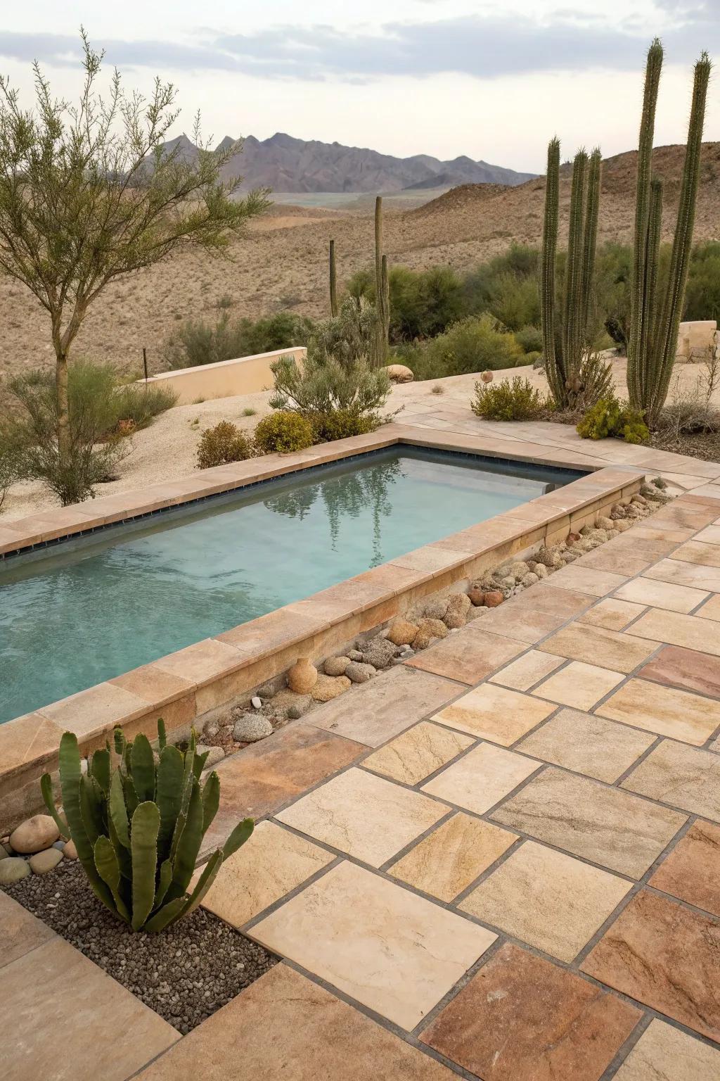 Earthy tones create a soothing and natural atmosphere around the pool.
