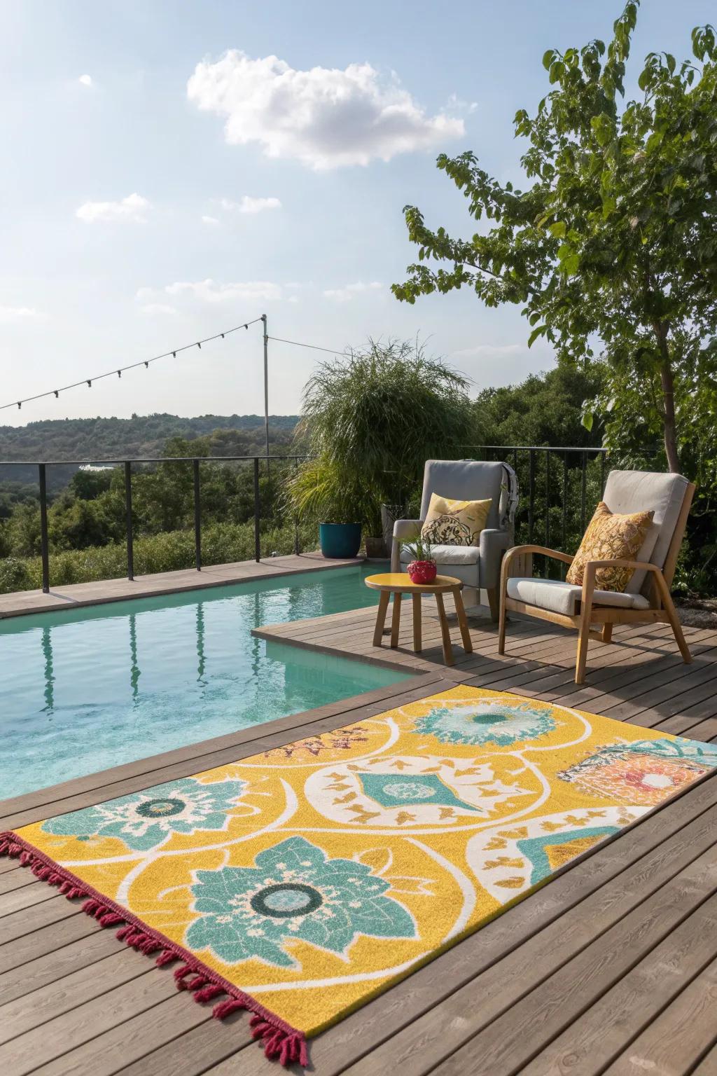 A pool deck with a vibrant outdoor rug defining a seating area.