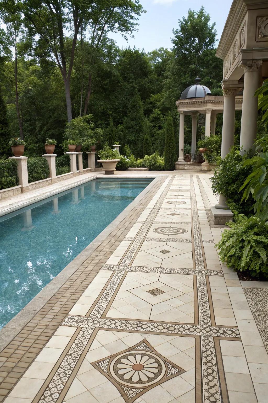 A serene pool deck featuring intricate stone tiles for a timeless look.