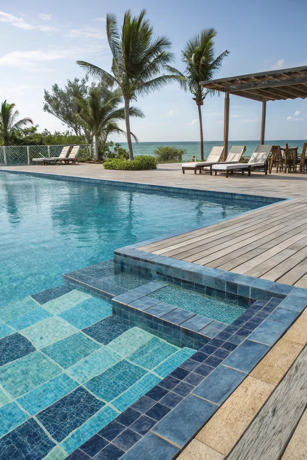 Ocean blues create a calming and refreshing poolside atmosphere.