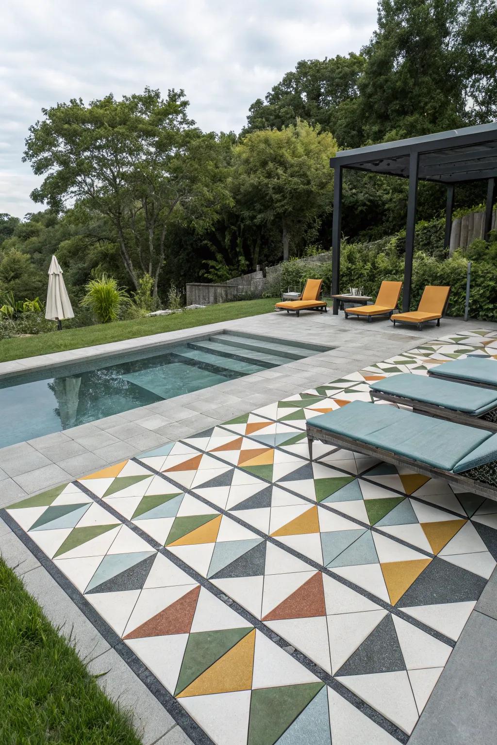 Geometric patterns bring a modern flair to pool decks.