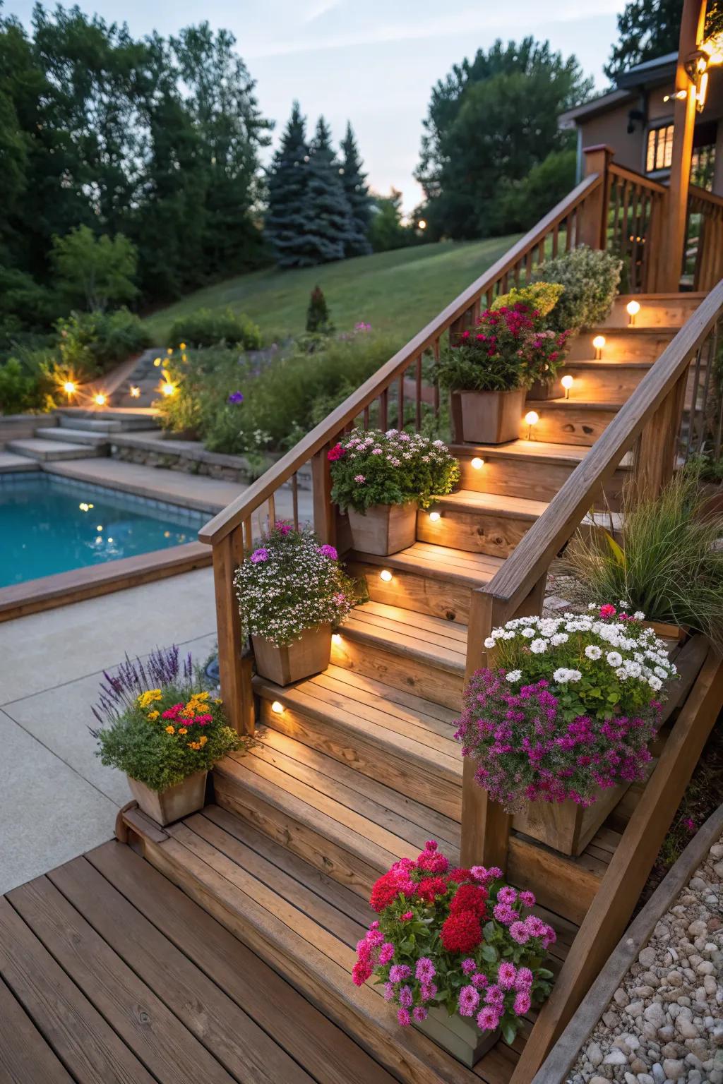 Planters integrated into stairs offer natural beauty.