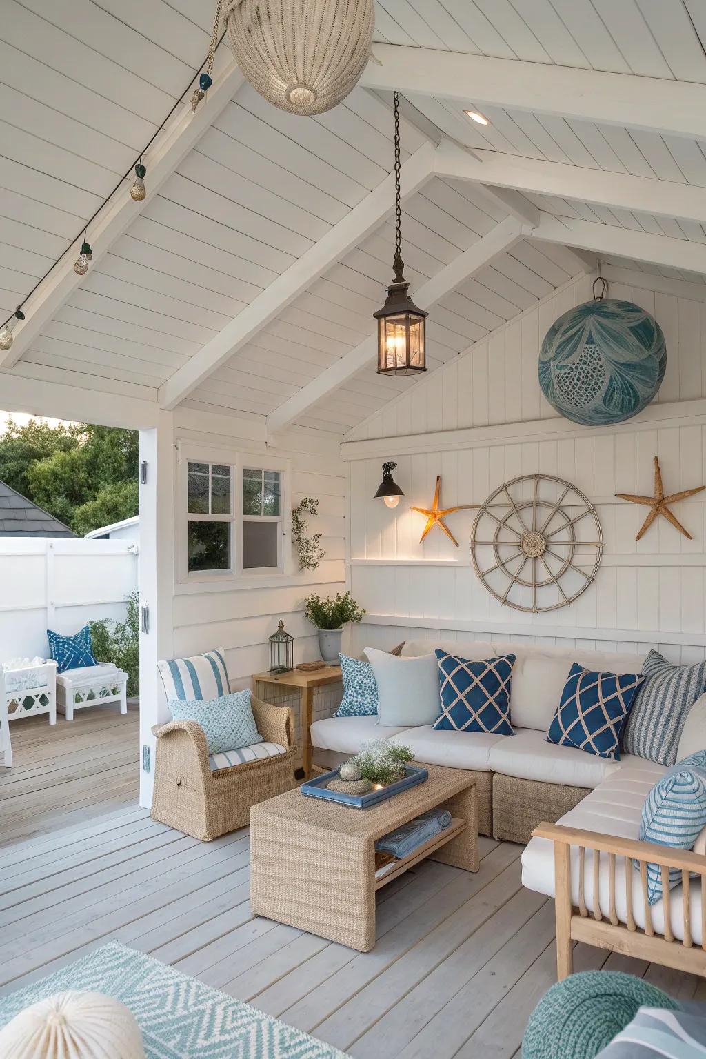 Shiplap paneling brings a touch of coastal charm to your pool house.