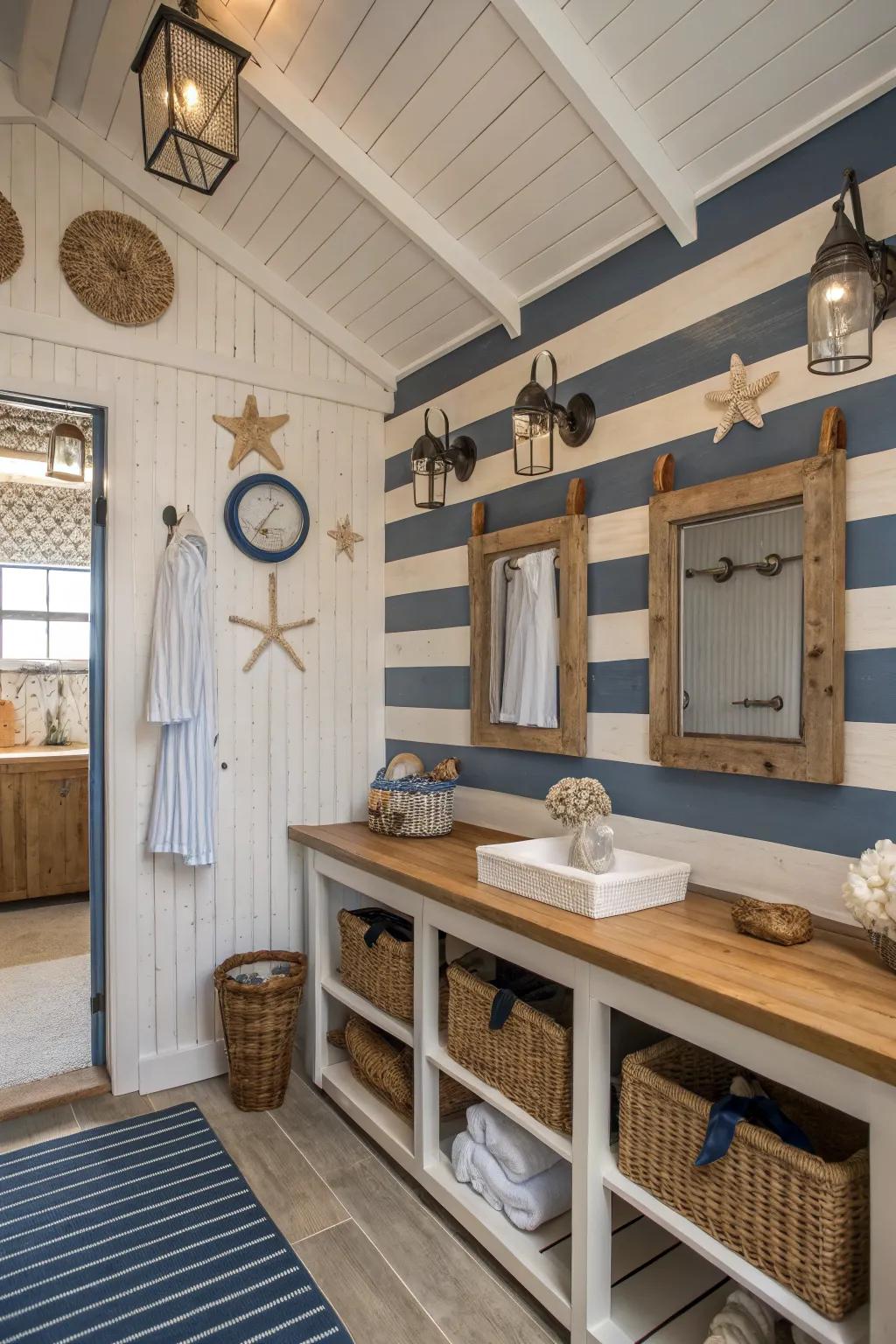 Nautical themes bring a coastal retreat feel to your changing room.