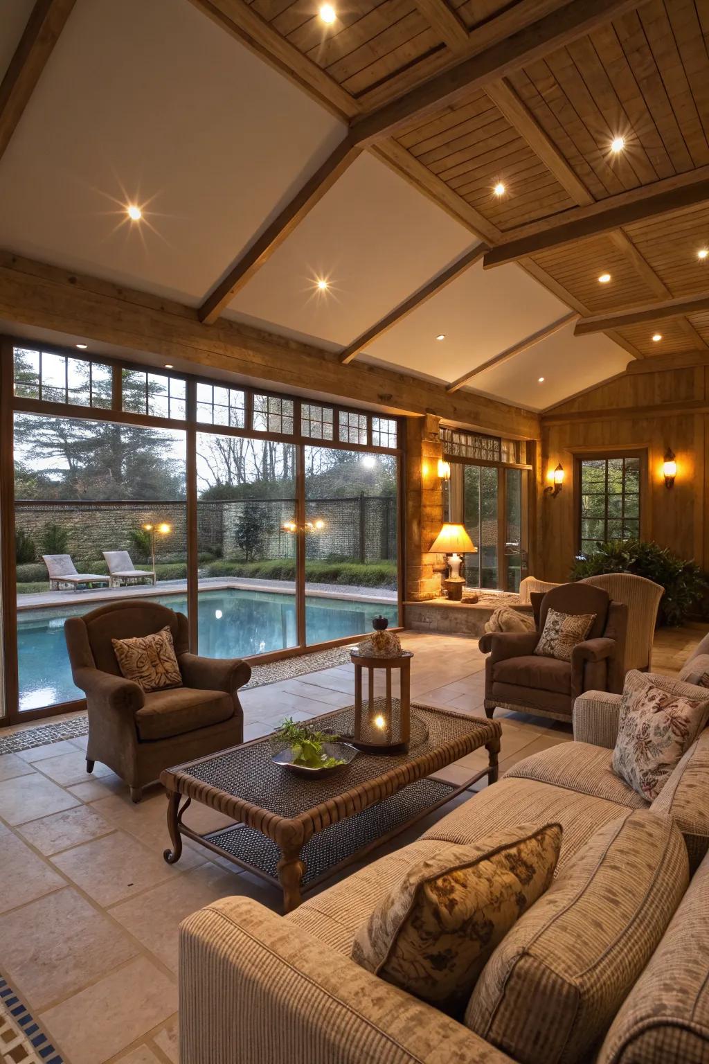 Comfortable seating invites you to unwind after a swim.