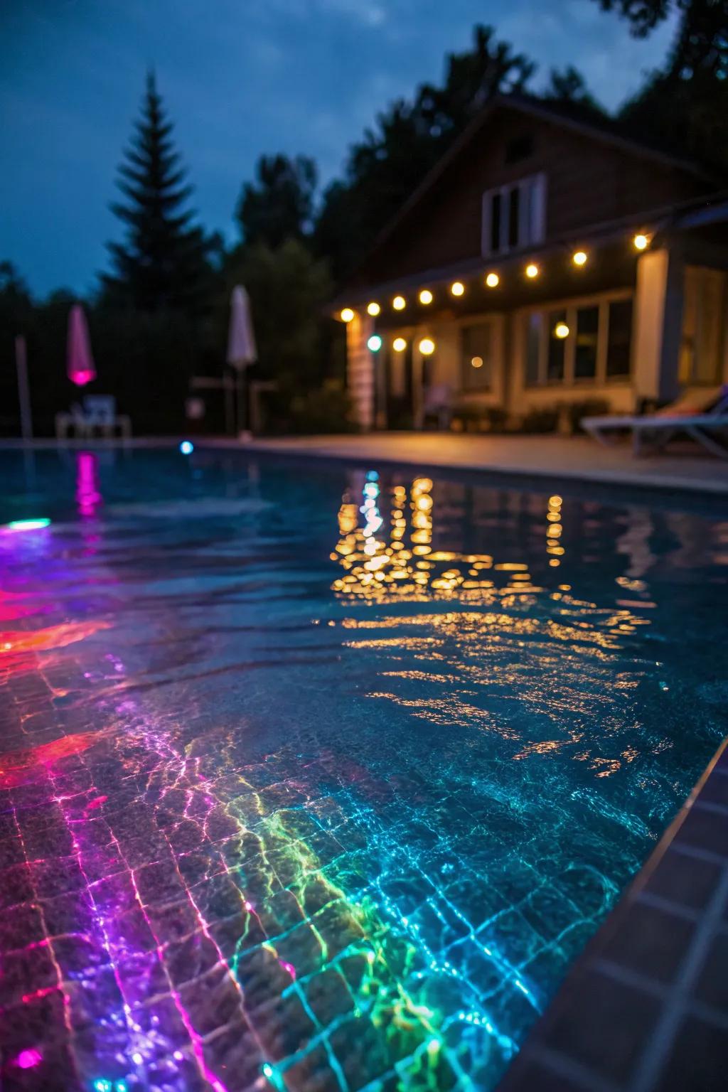 Underwater lights transform the pool into a colorful haven.