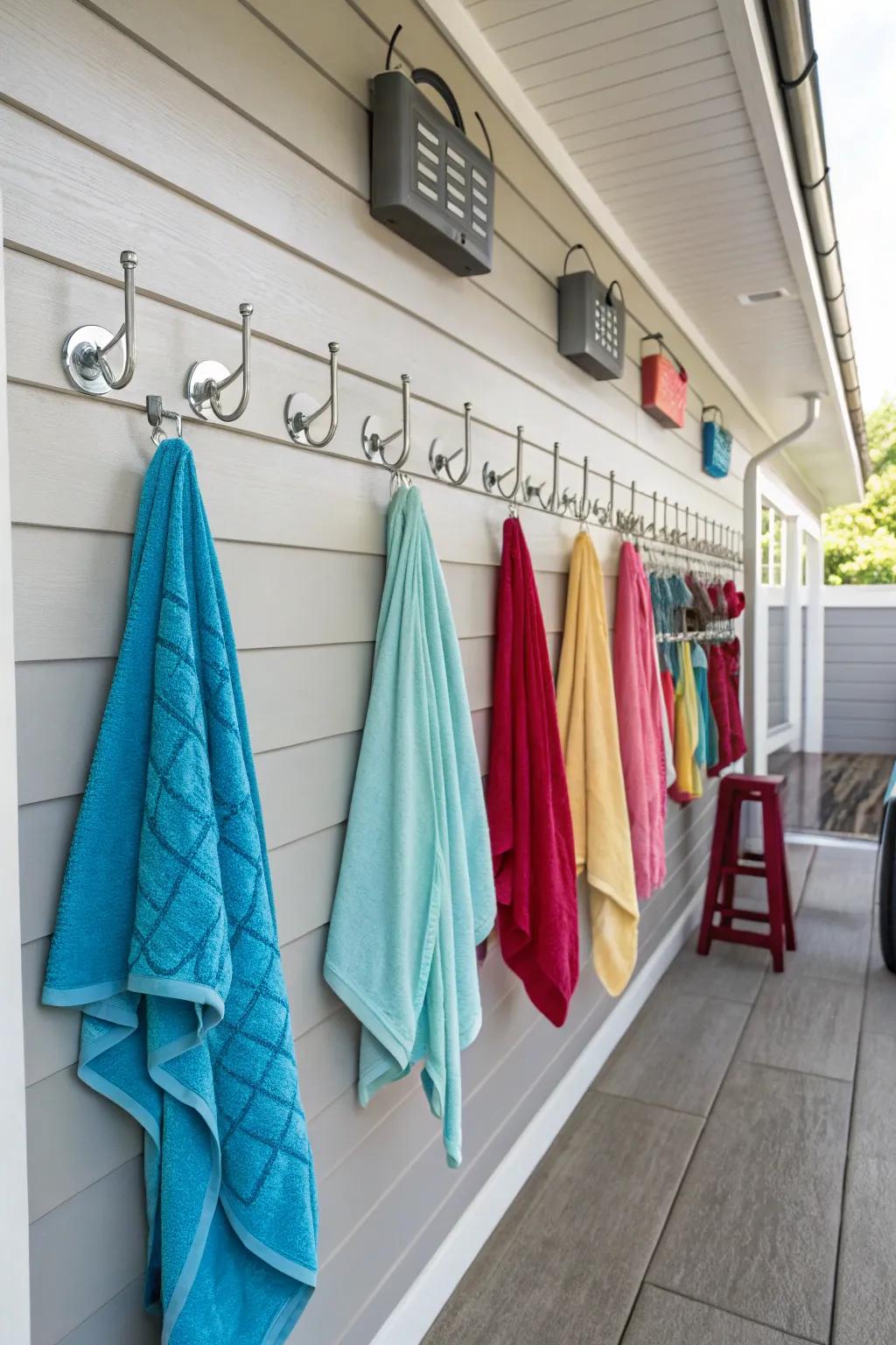 Hooks and racks keep towels off the floor and ready to use.
