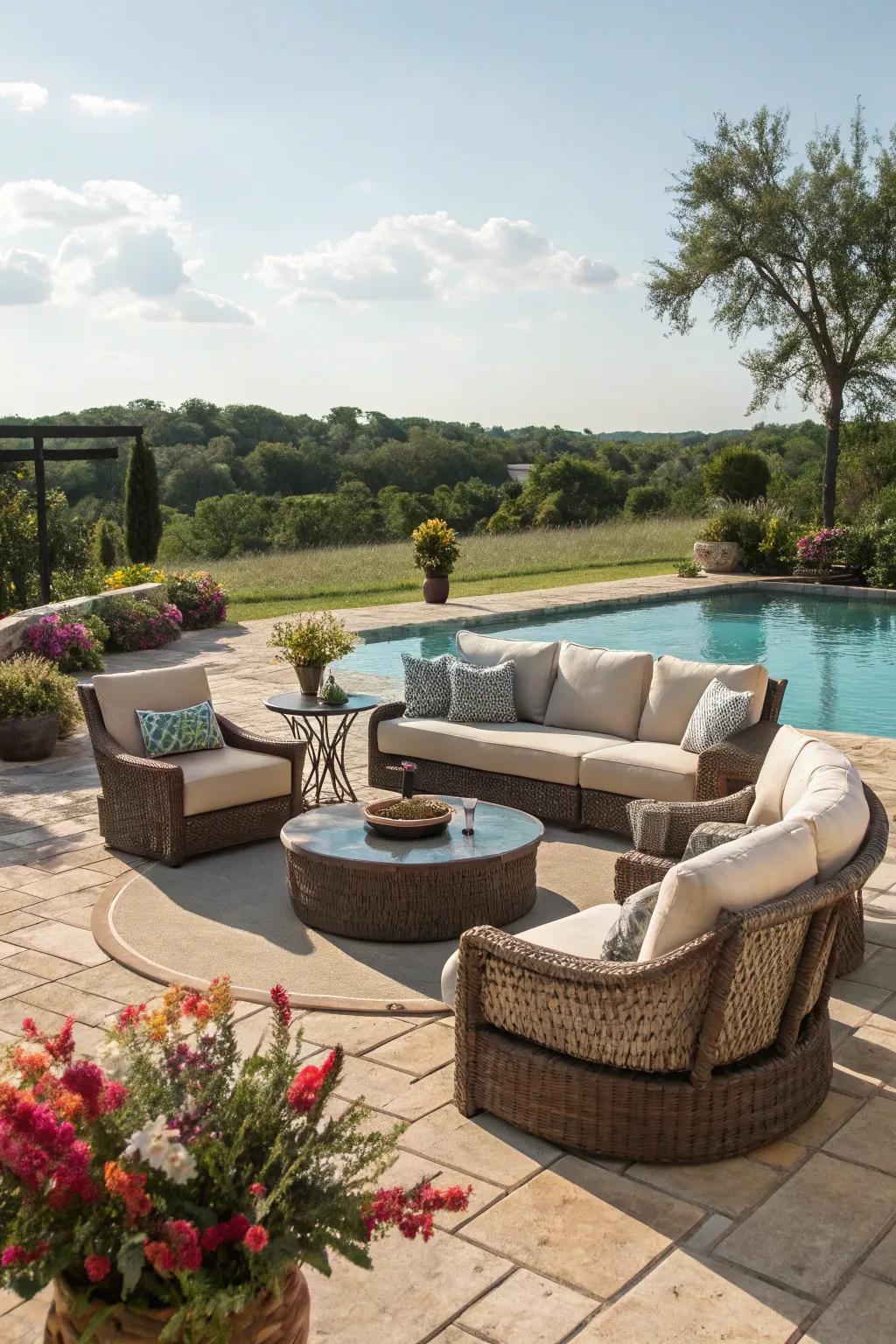 Relax in style with cozy outdoor furniture around your pool.