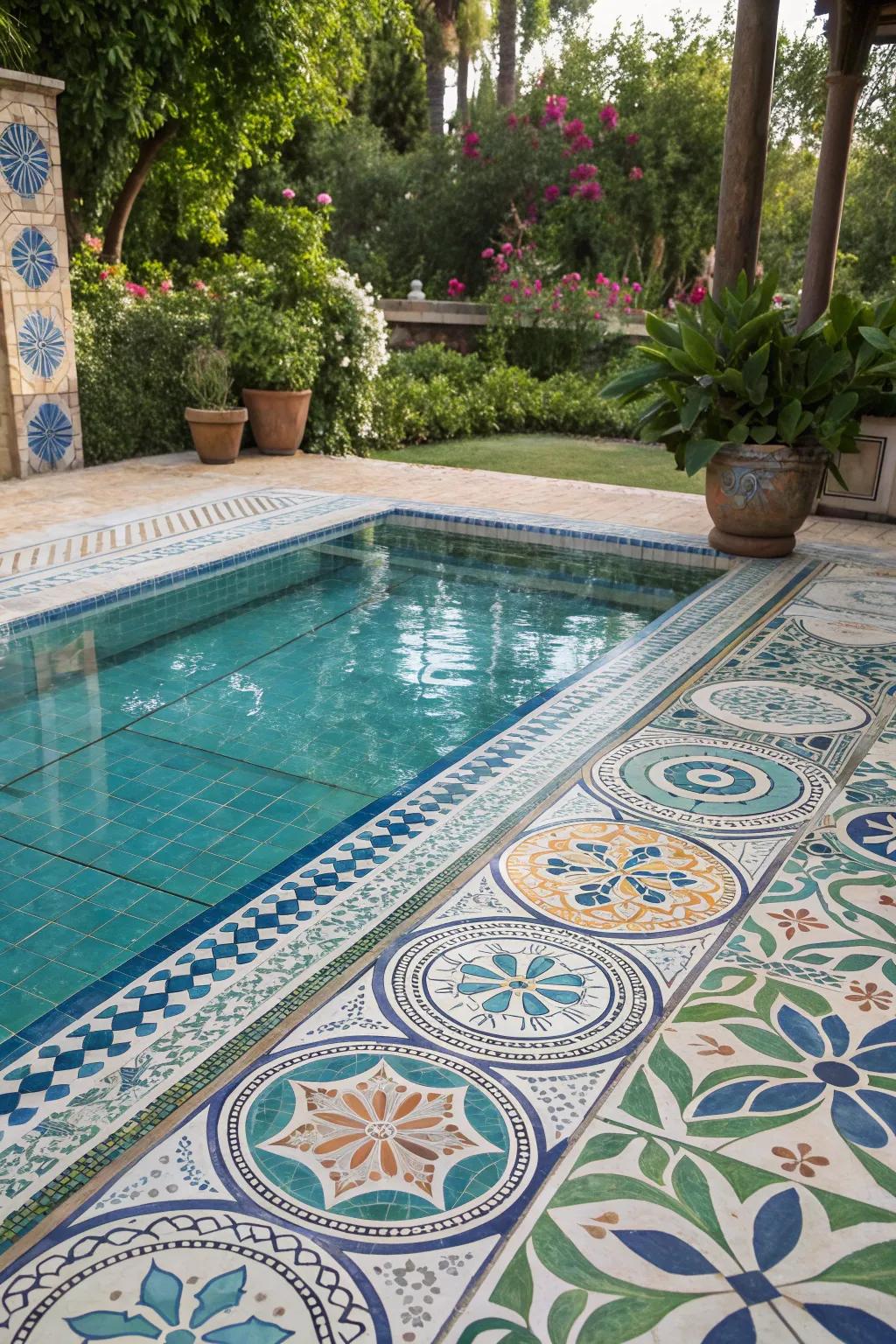 A pool with a Mediterranean-inspired mosaic design, adding cultural flair.