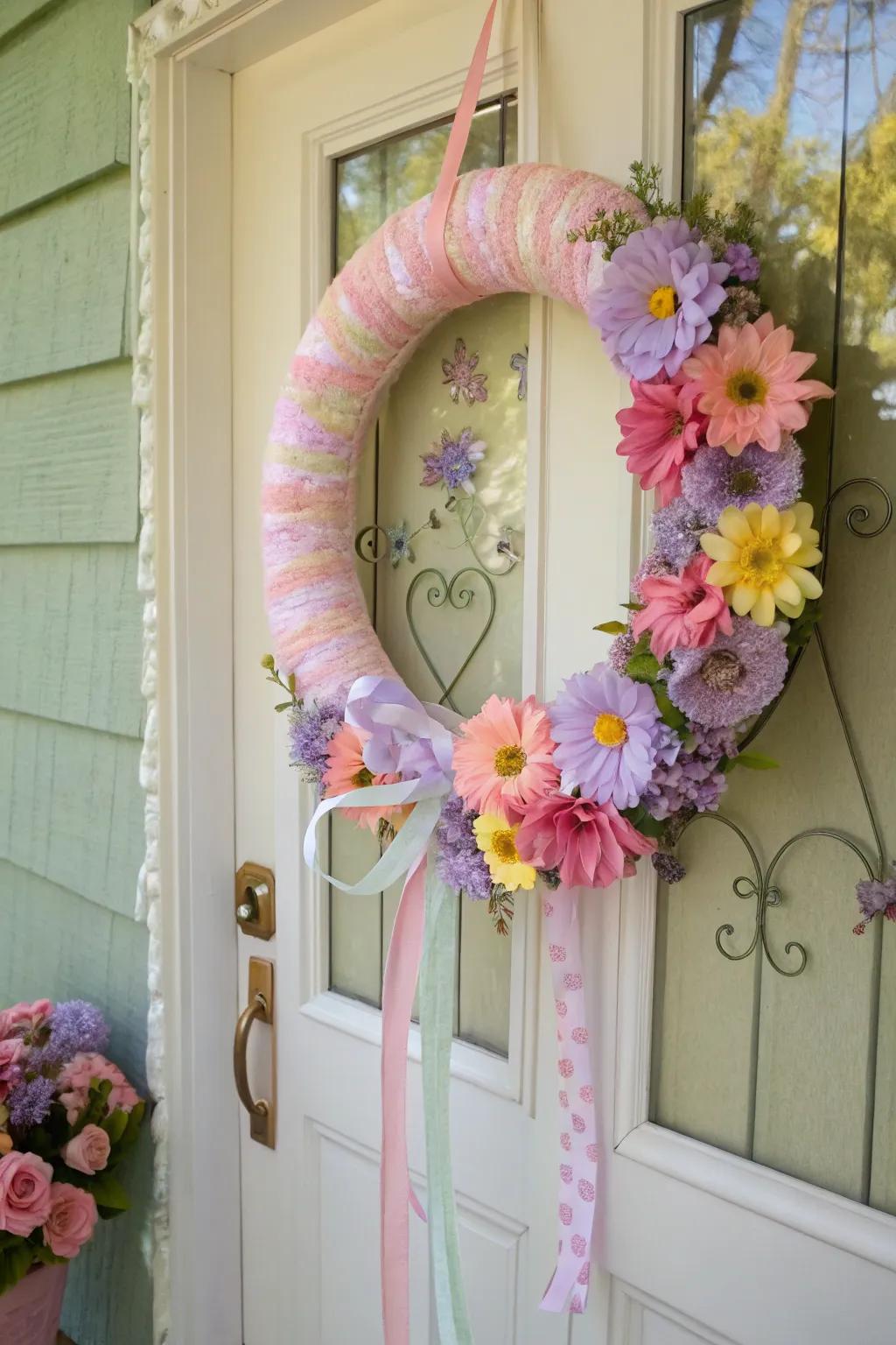A blooming spring wreath that welcomes the season with open arms.