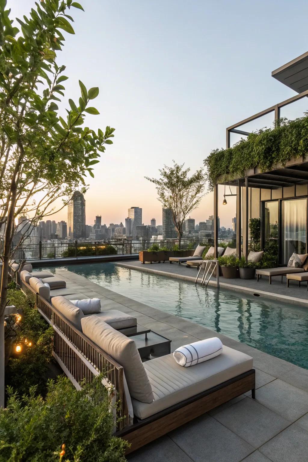 A stylish lounge area next to a rooftop pool.
