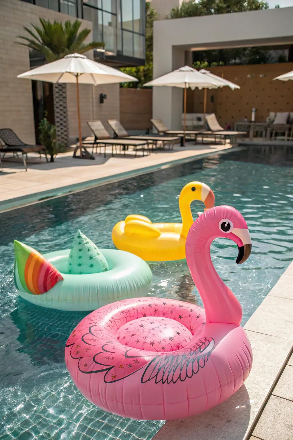 A lively pool filled with large, fun-shaped pool floats.