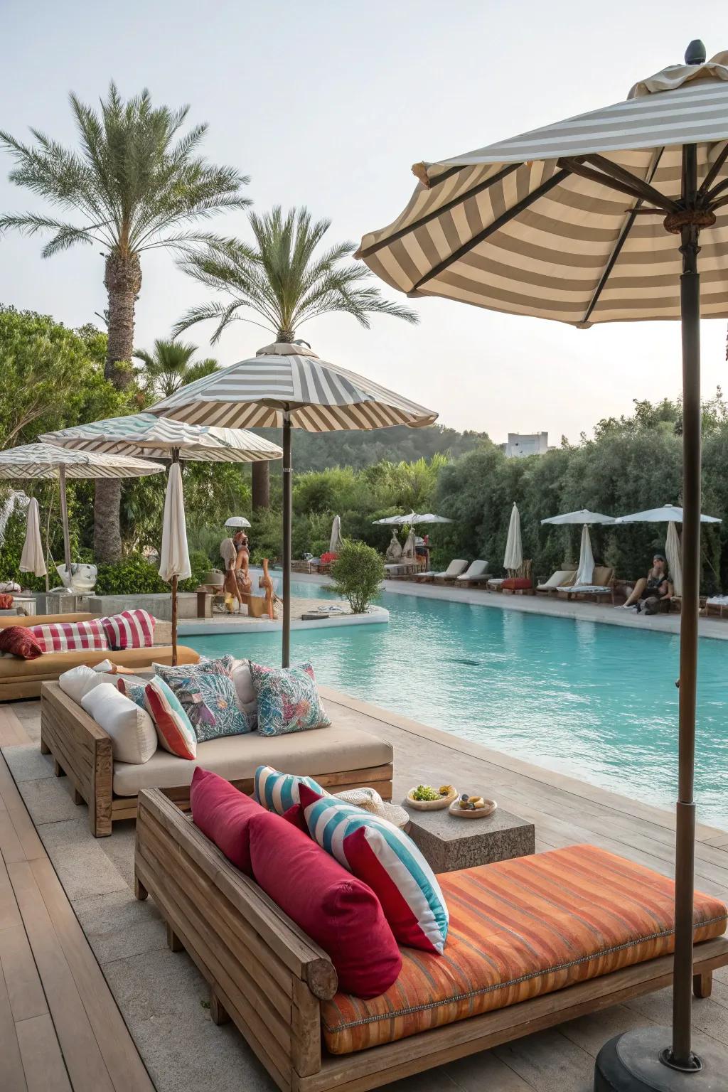 A cozy poolside lounge area with comfortable seating and umbrellas.