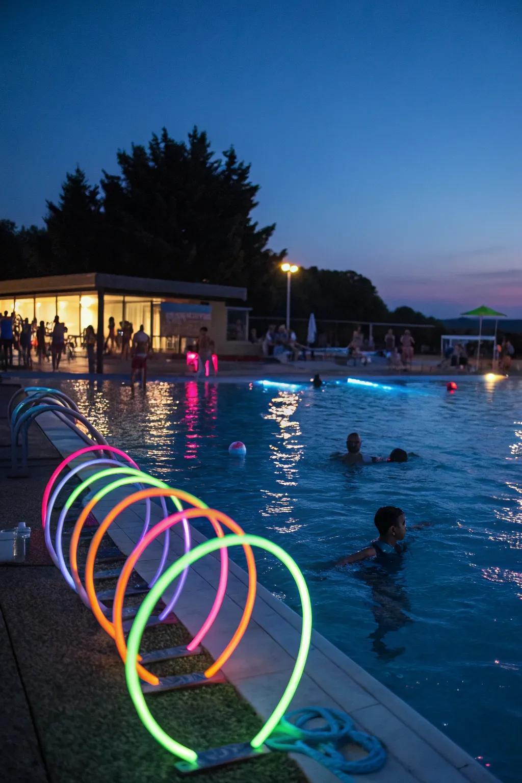 Neon lights create a dynamic nighttime pool party experience.