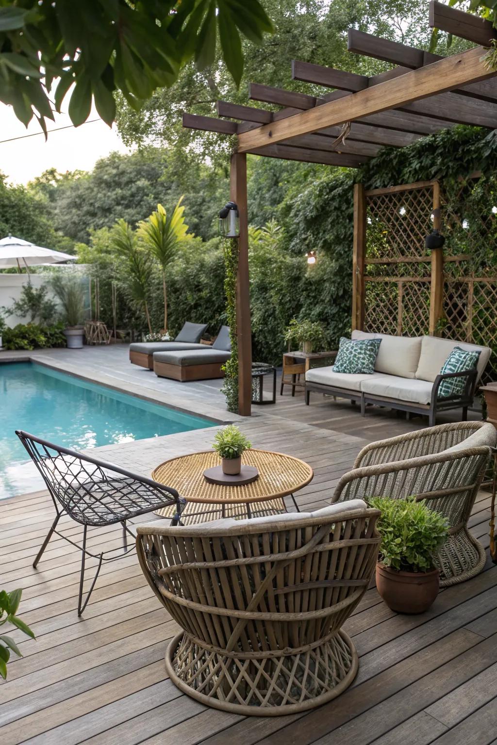 Create visual interest by mixing materials and textures on your patio.