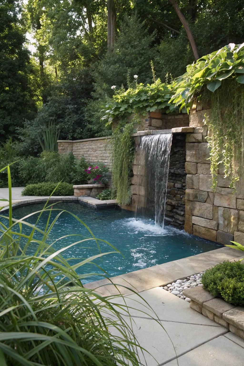 A soothing waterfall feature not only adds beauty but also privacy to this pool area.