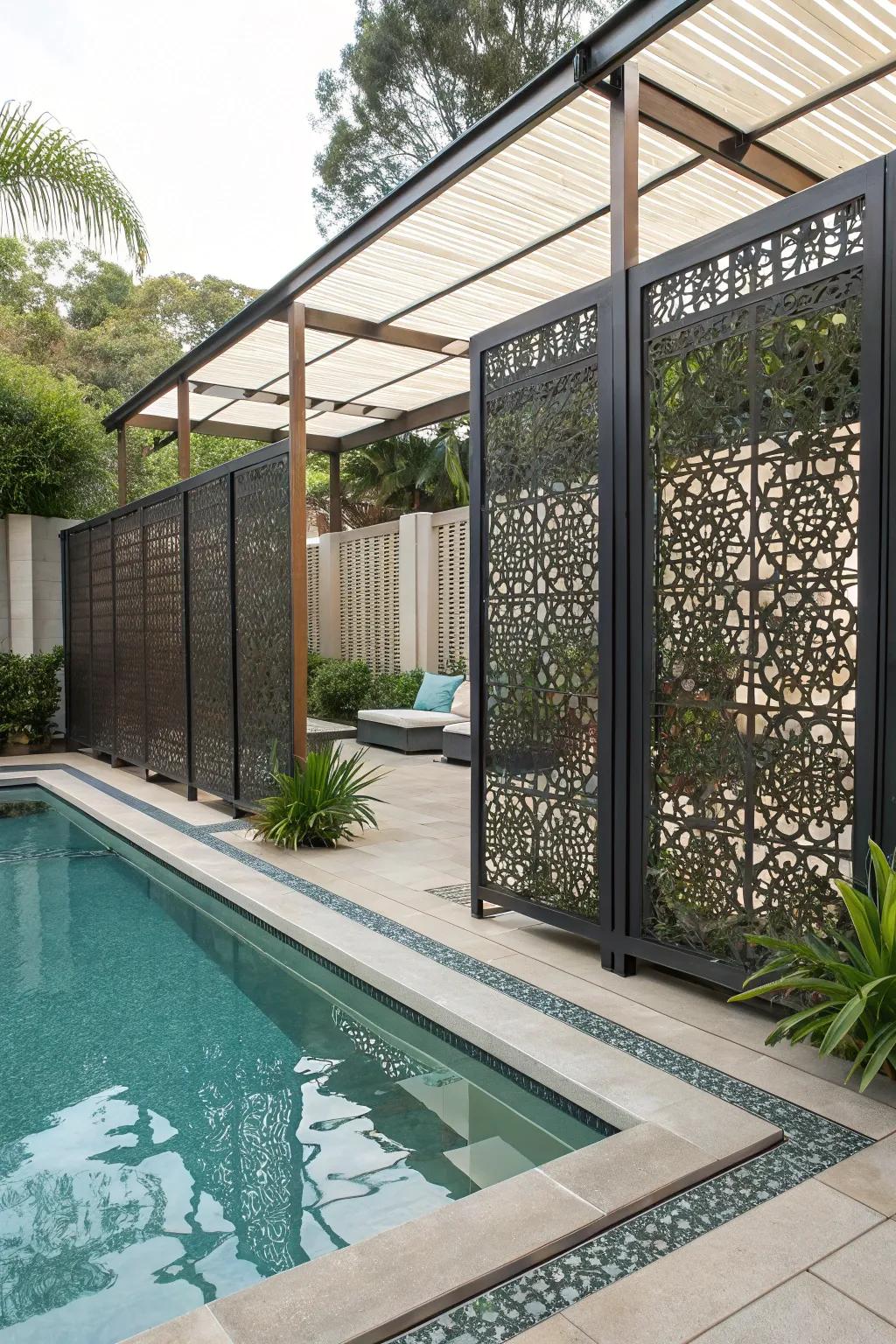 Decorative metal screens provide a sleek and stylish privacy solution.