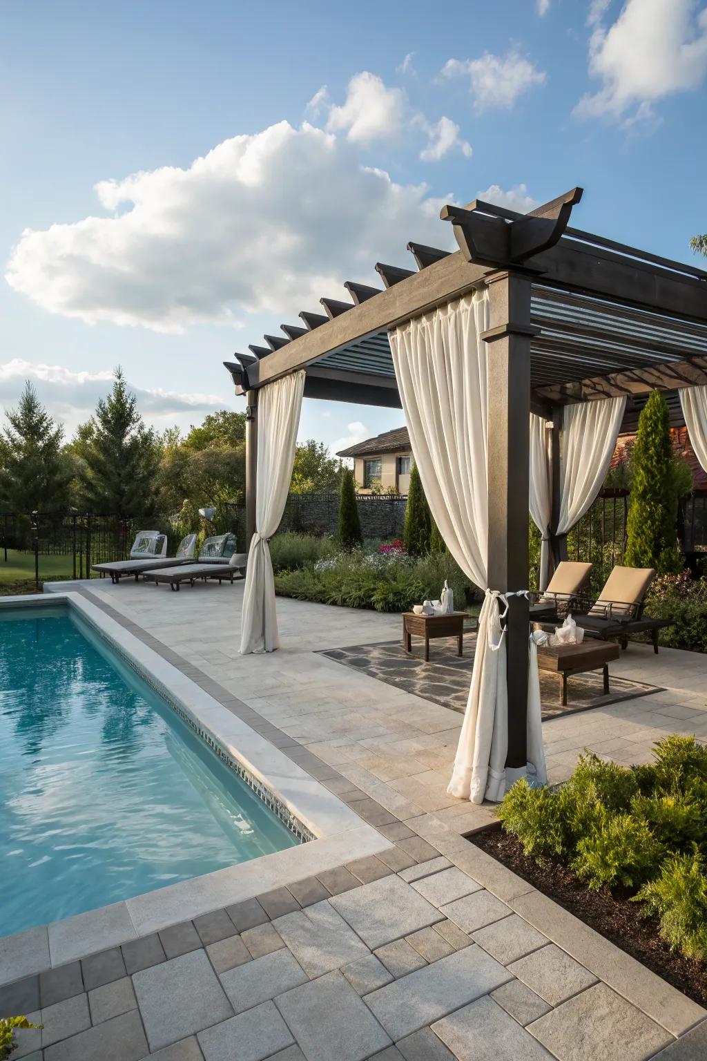 Pergolas with drapes provide stylish, adjustable privacy options.