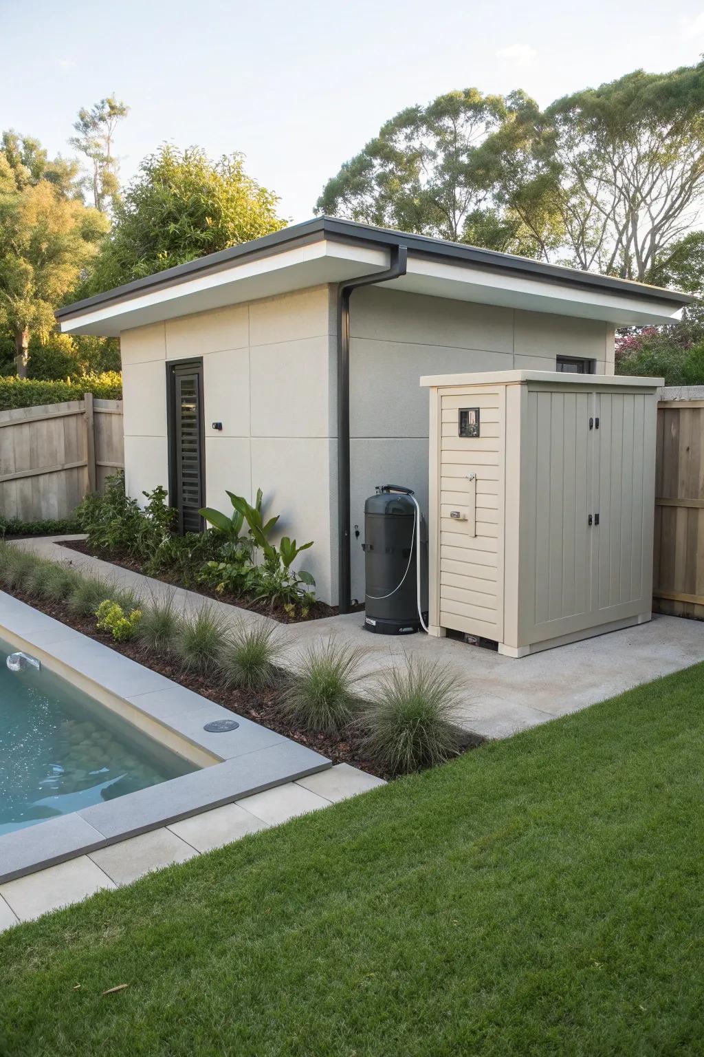 A sleek and space-saving compact corner pool pump house.