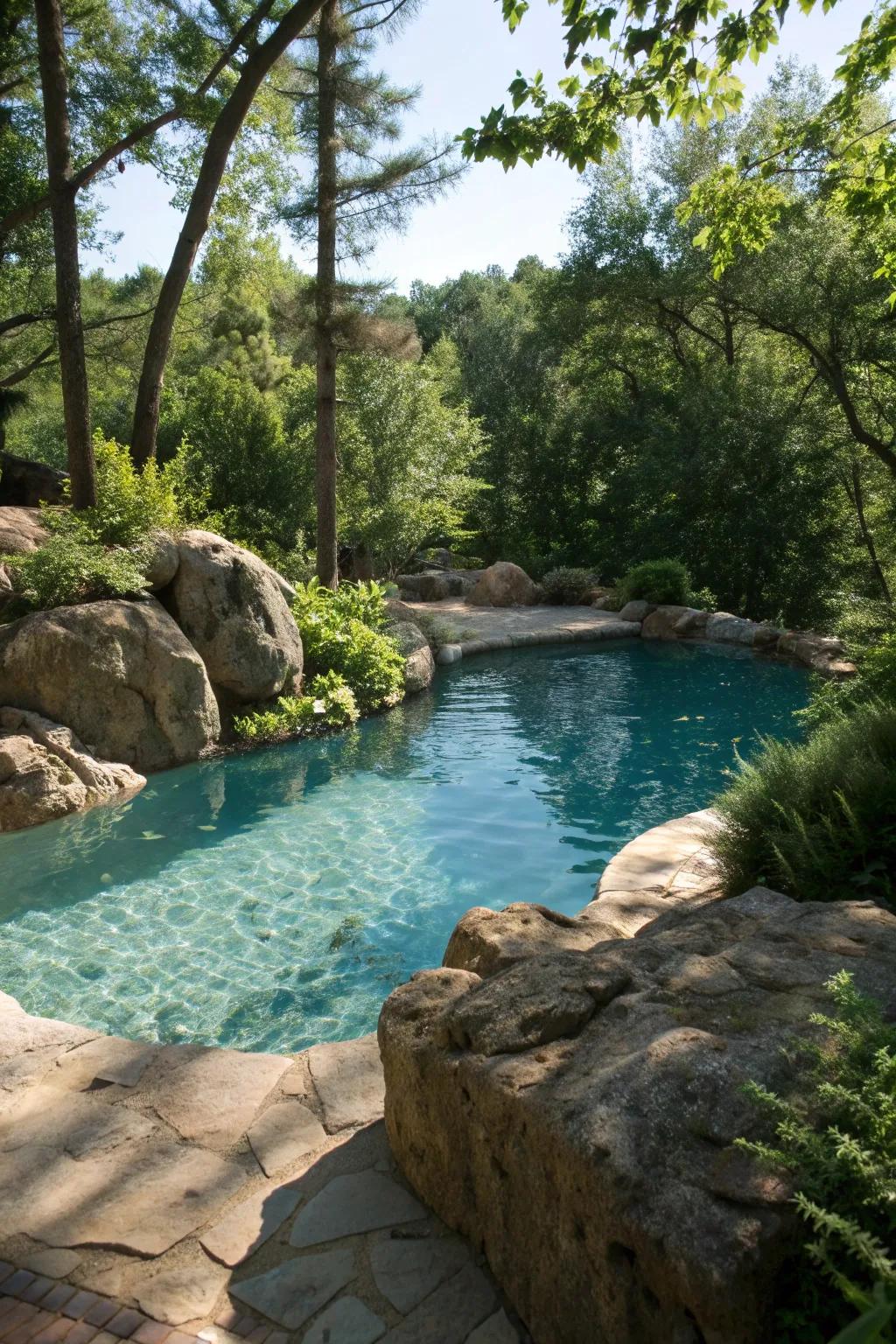 Bring nature closer with rocks and plant life around your pool.
