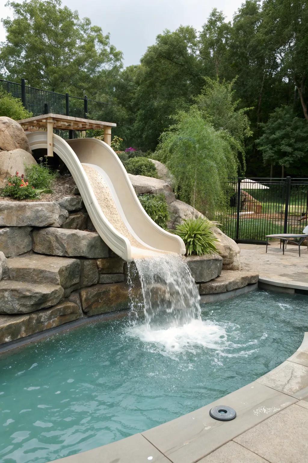 A pool slide with a soothing waterfall enhances the backyard ambiance.