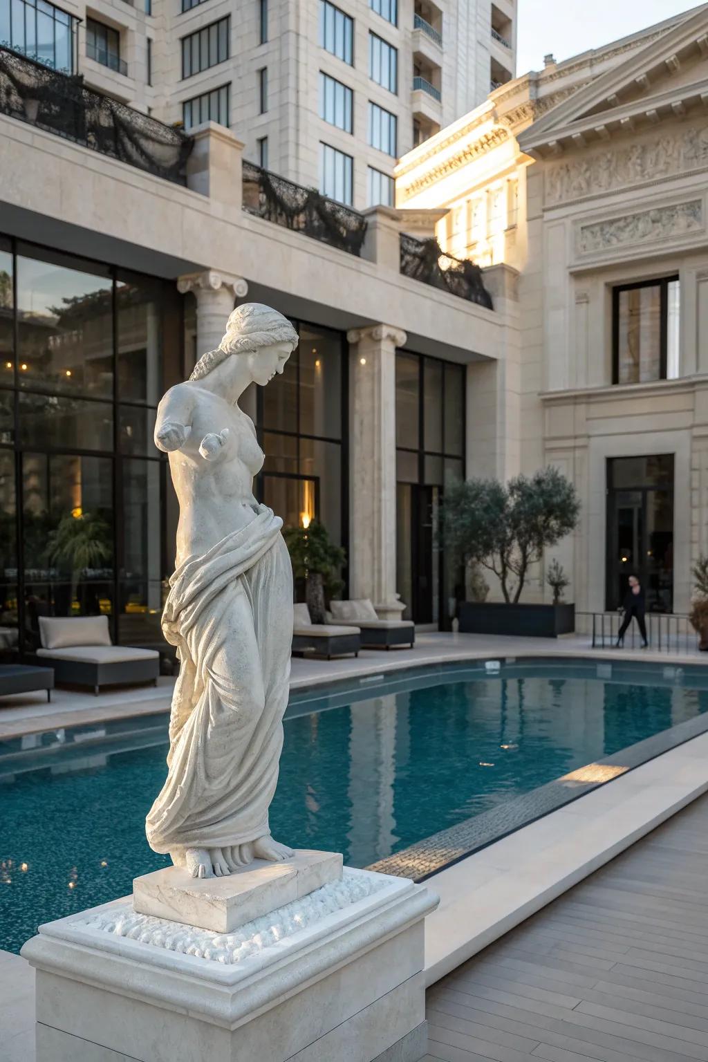 A marble Venus de Milo statue adds timeless elegance to the poolside.