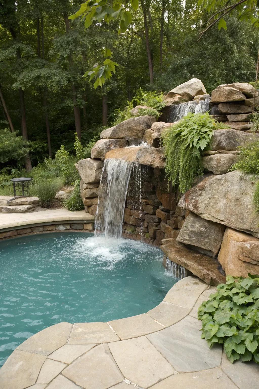 Cascading waterfalls offer a serene and natural ambiance.
