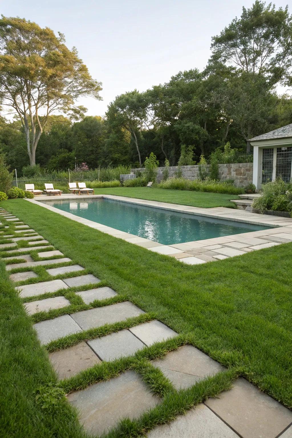 Stone pathways adding structure to a grassy pool area.