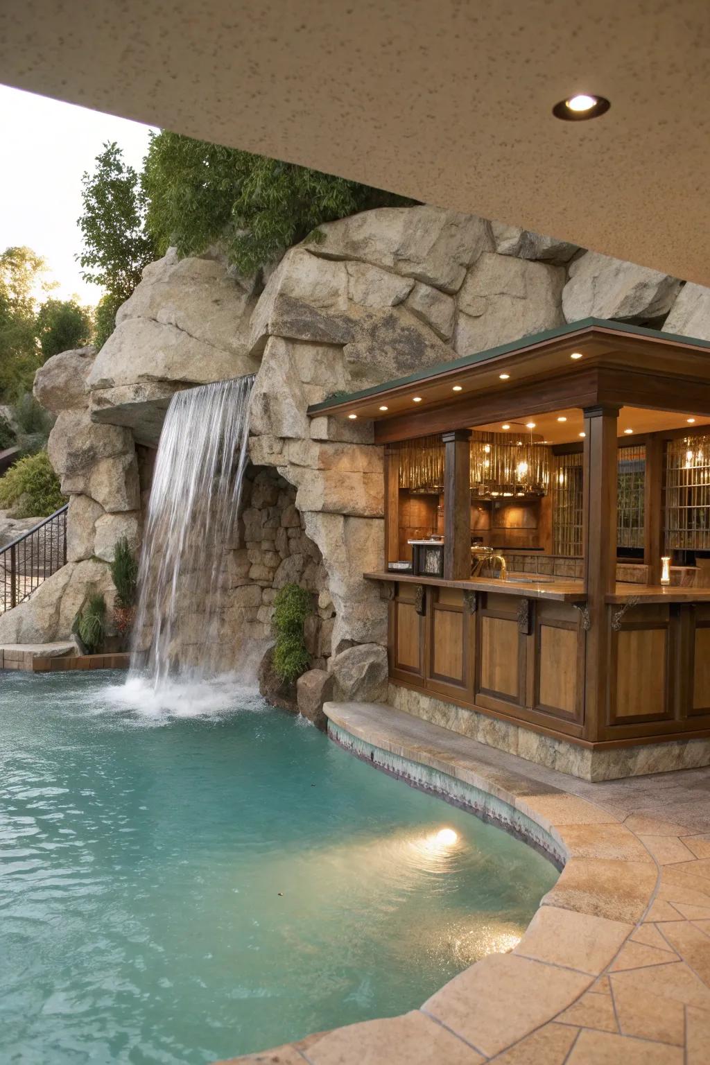A waterfall adds elegance and tranquility to your pool bar.