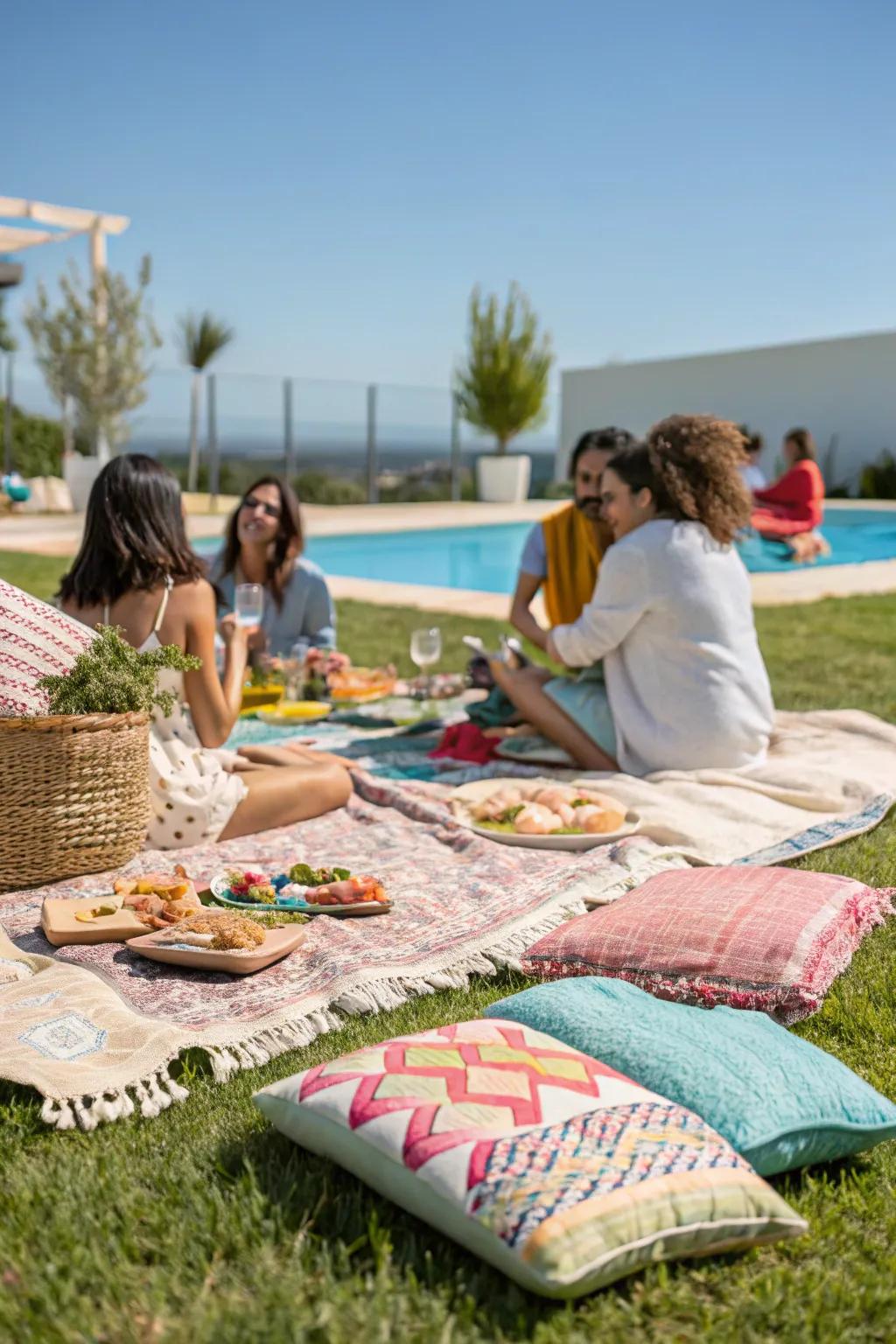 Picnic blankets offer a casual yet stylish seating arrangement.