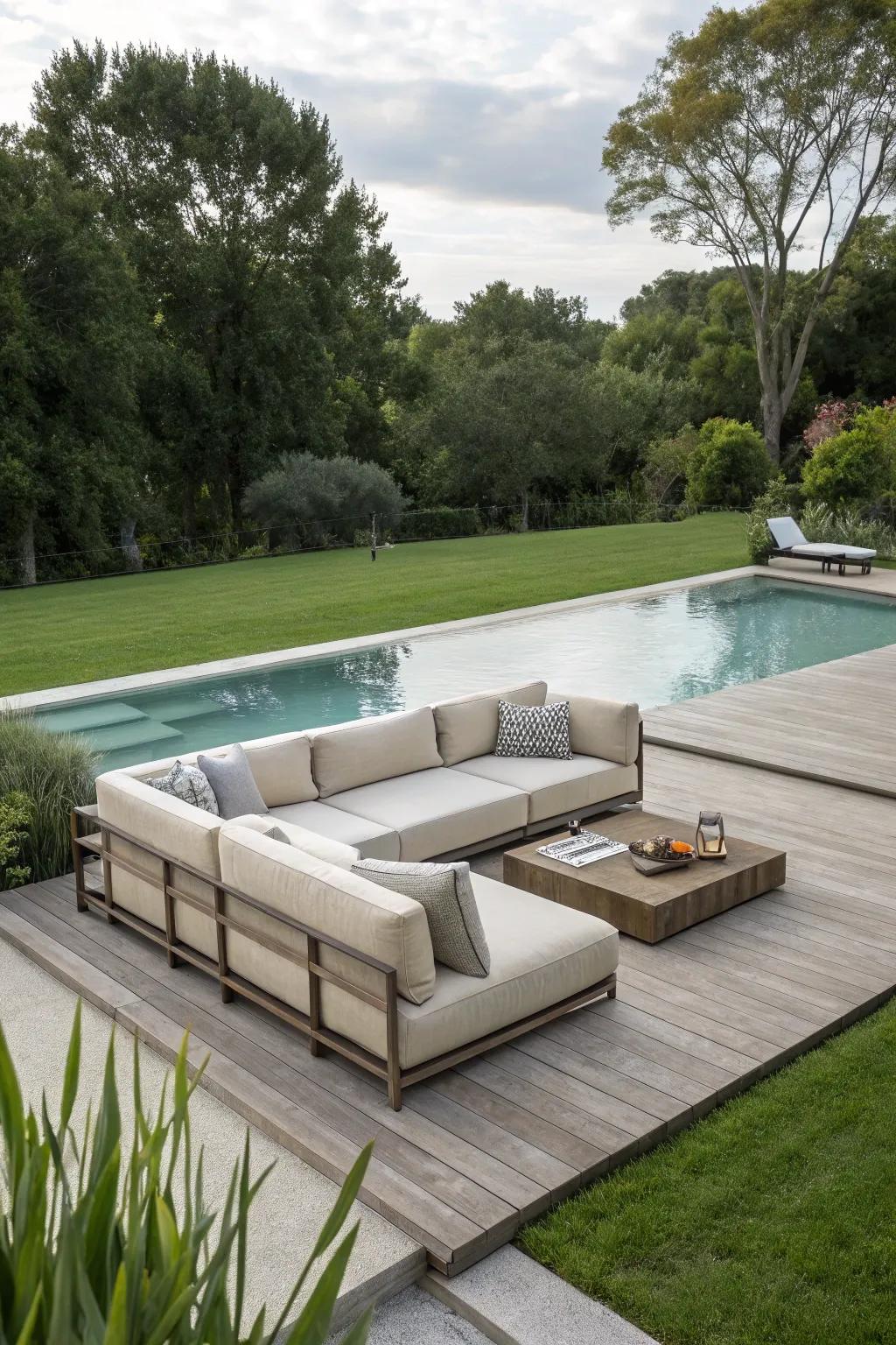 Versatile sectionals adapt to any poolside social event.