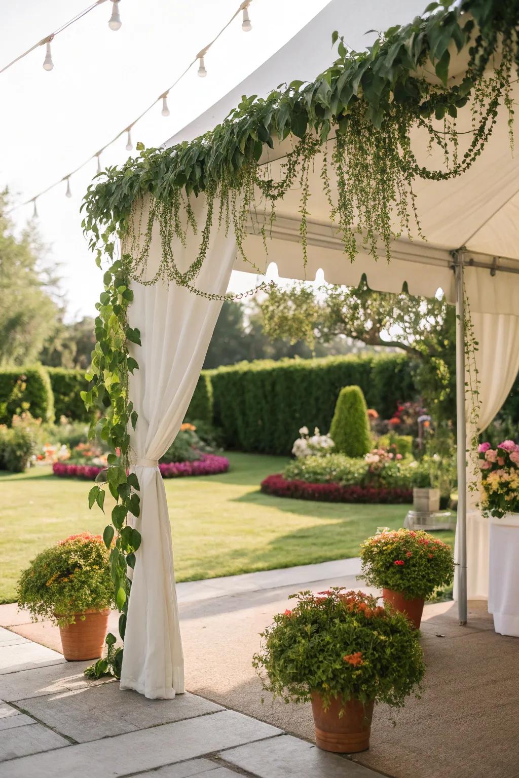 Bring the garden inside with greenery and hanging plants.