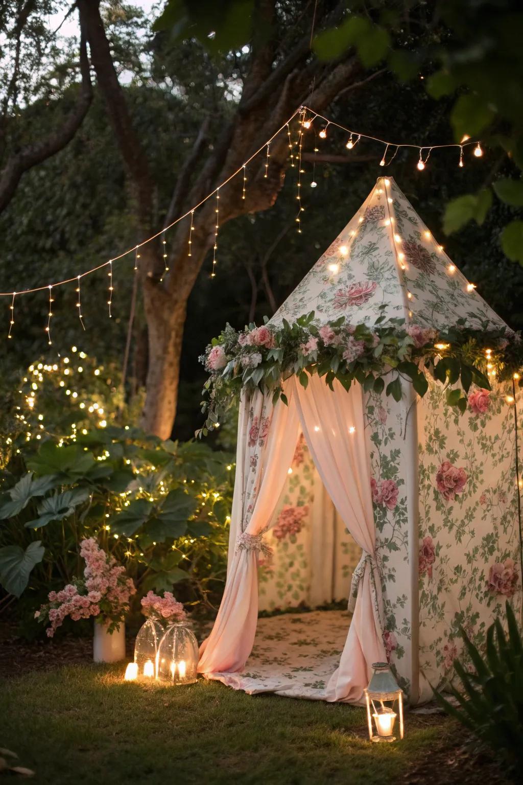 Step into a magical garden with this enchanting tent setup.