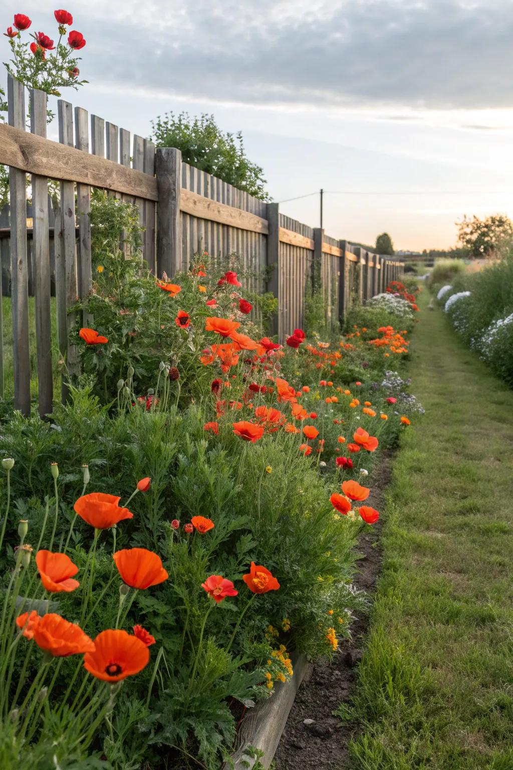 A garden fence adorned with striking poppy borders.