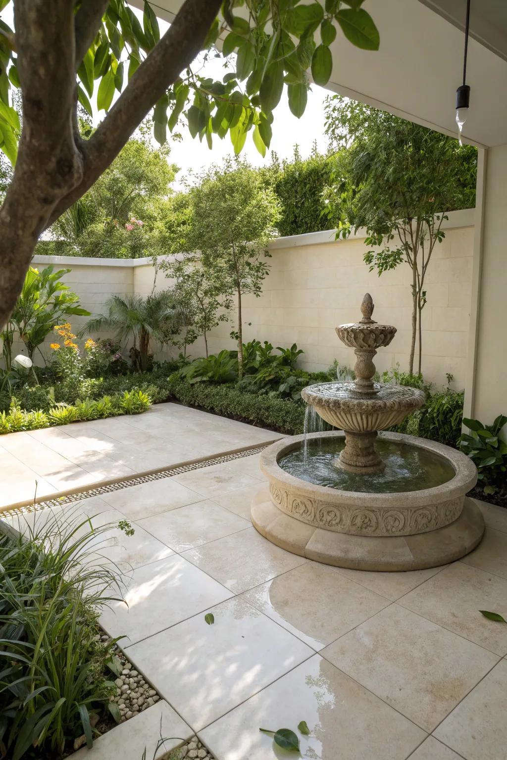 A serene porcelain patio with a calming water feature.