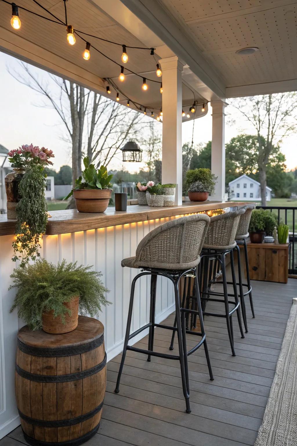Stylish bar stools add comfort and appeal to your porch bar.