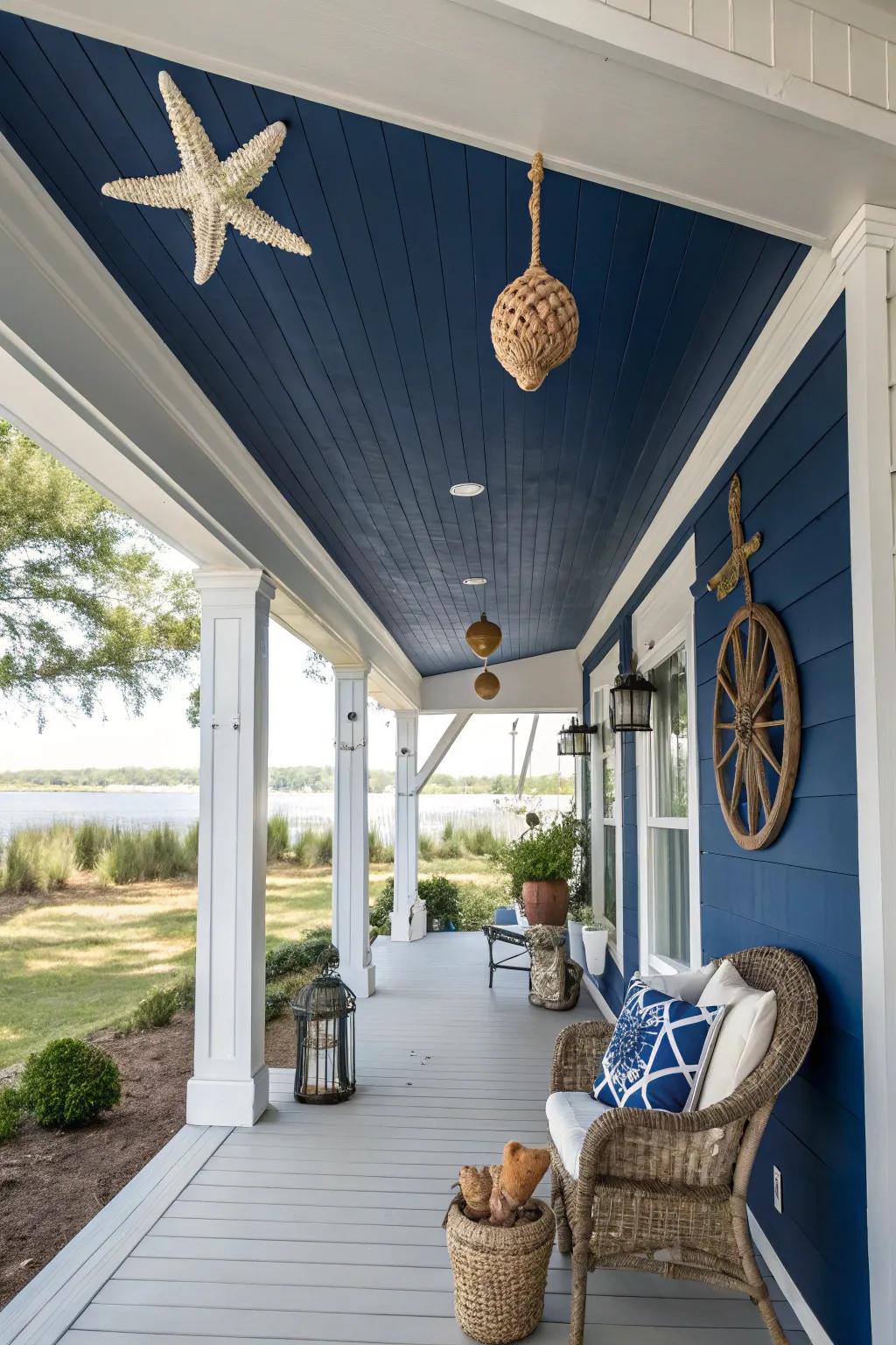 Navy blue ceilings offer a bold and sophisticated porch style.