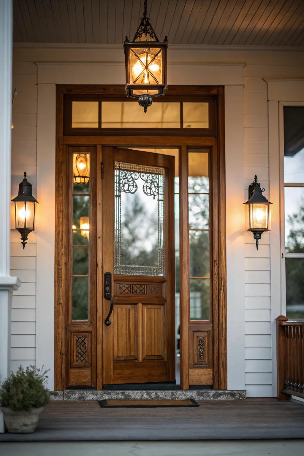 Elegant lighting fixtures brighten up this cozy porch door.