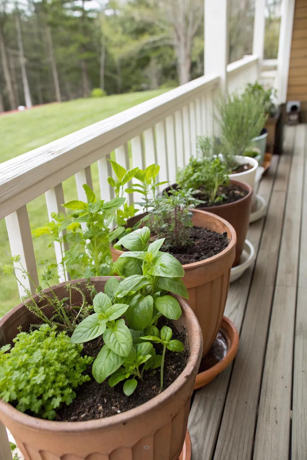 A porch adorned with herb-filled flower pots, adding both beauty and utility.