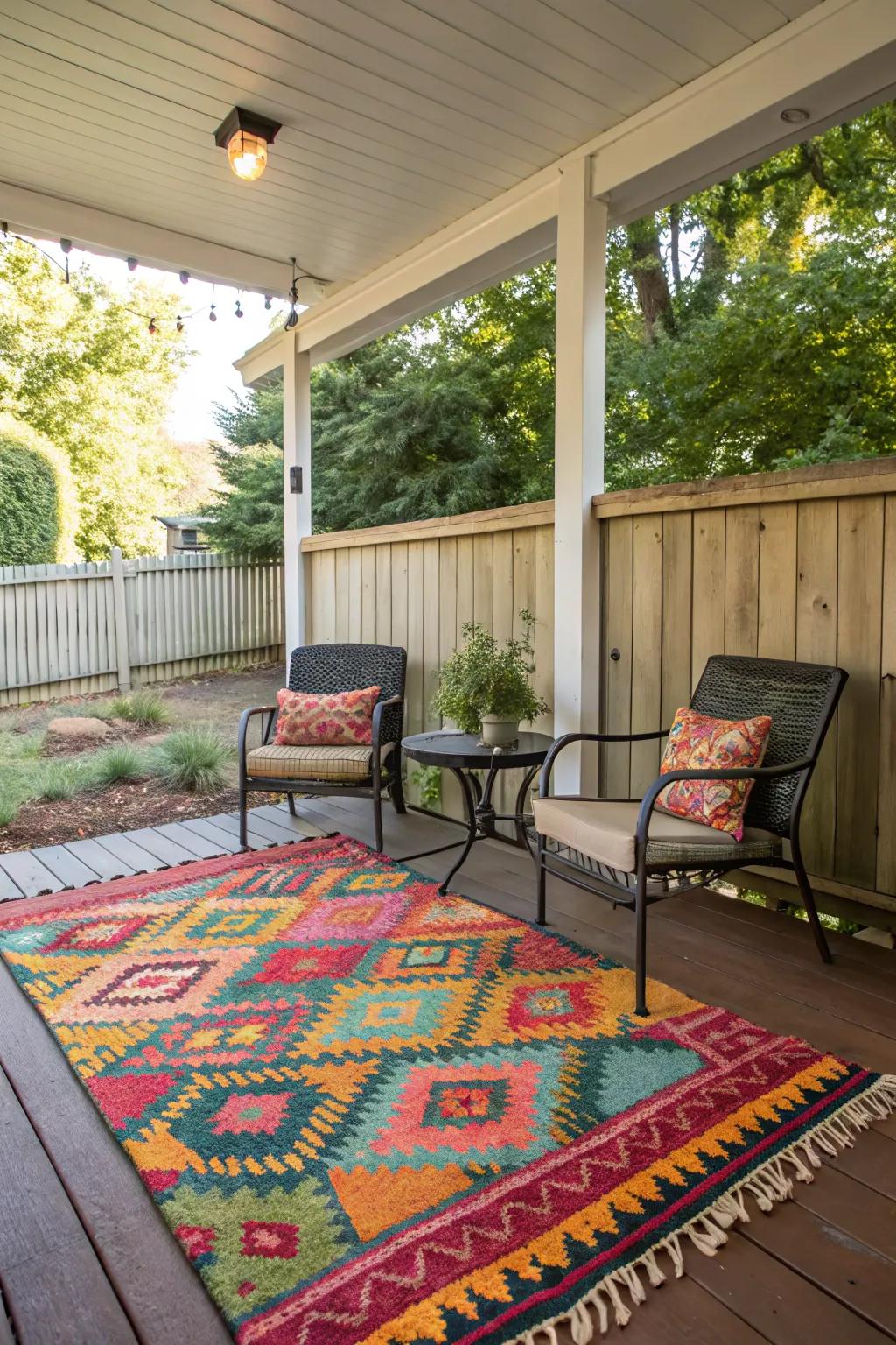 A vibrant outdoor rug adds warmth and defines the porch seating area.
