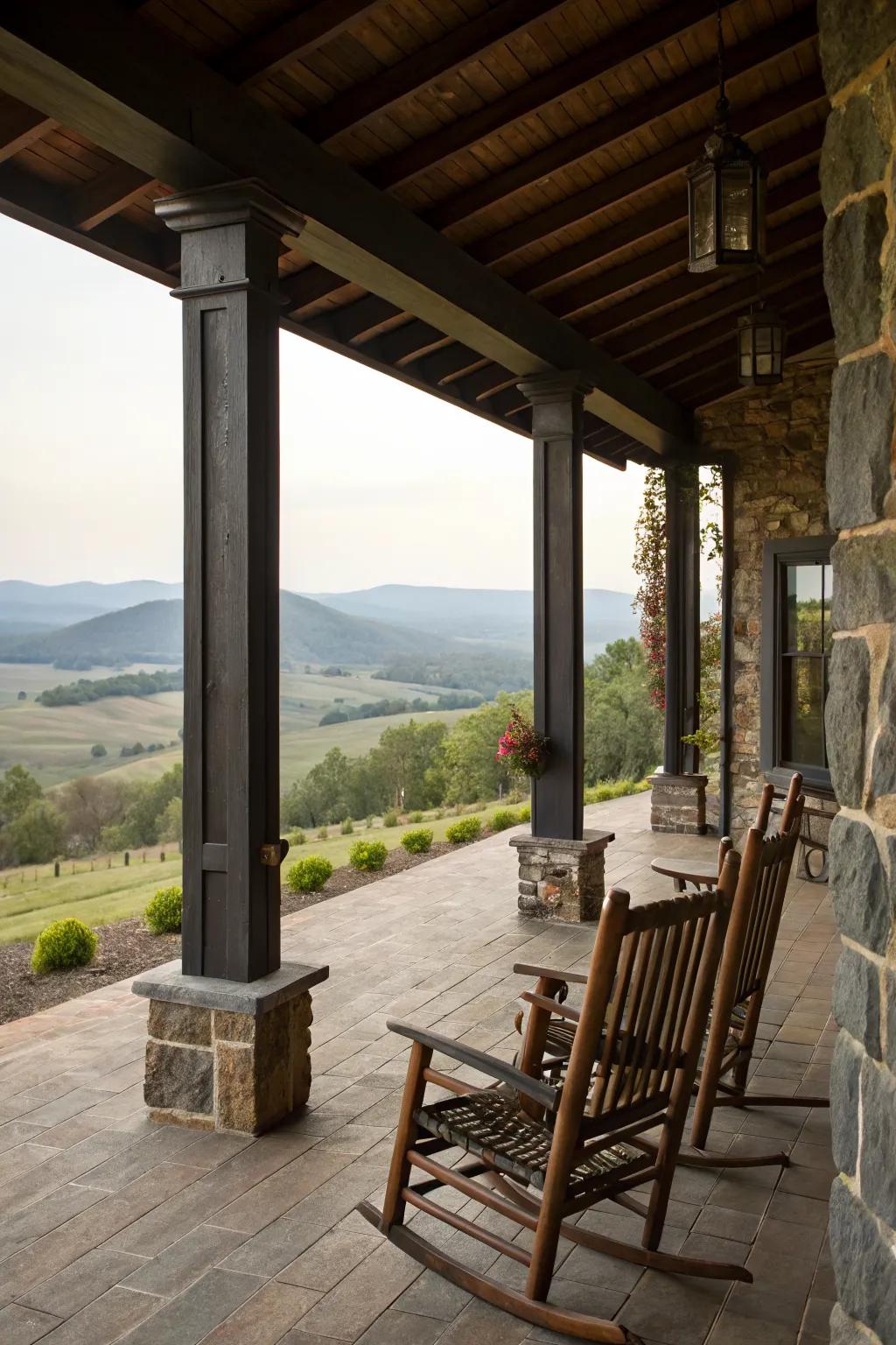 Traditional rustic charm with dark wood and stone.