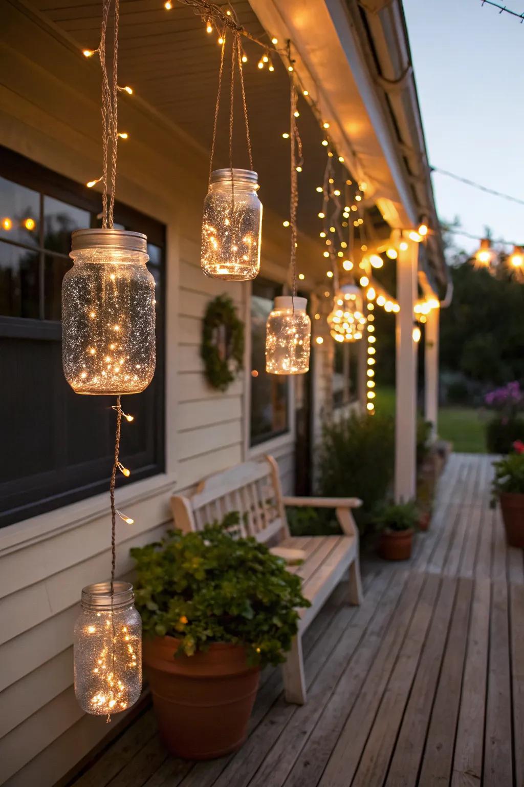 Mason jar lights add a rustic and whimsical charm to your porch.