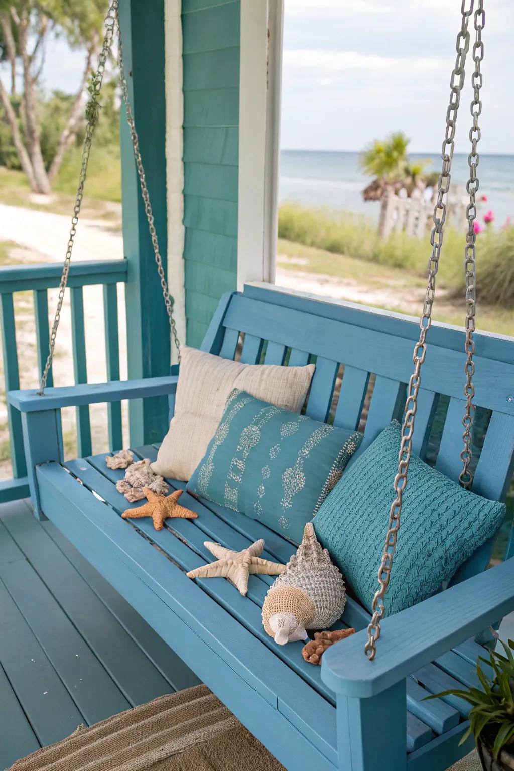 A blue porch swing creates a calming oasis with oceanic vibes.