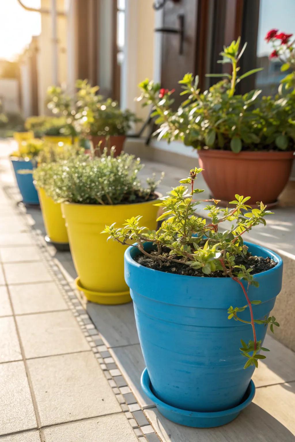 Bright pots accentuate the lively colors of portulaca flowers.