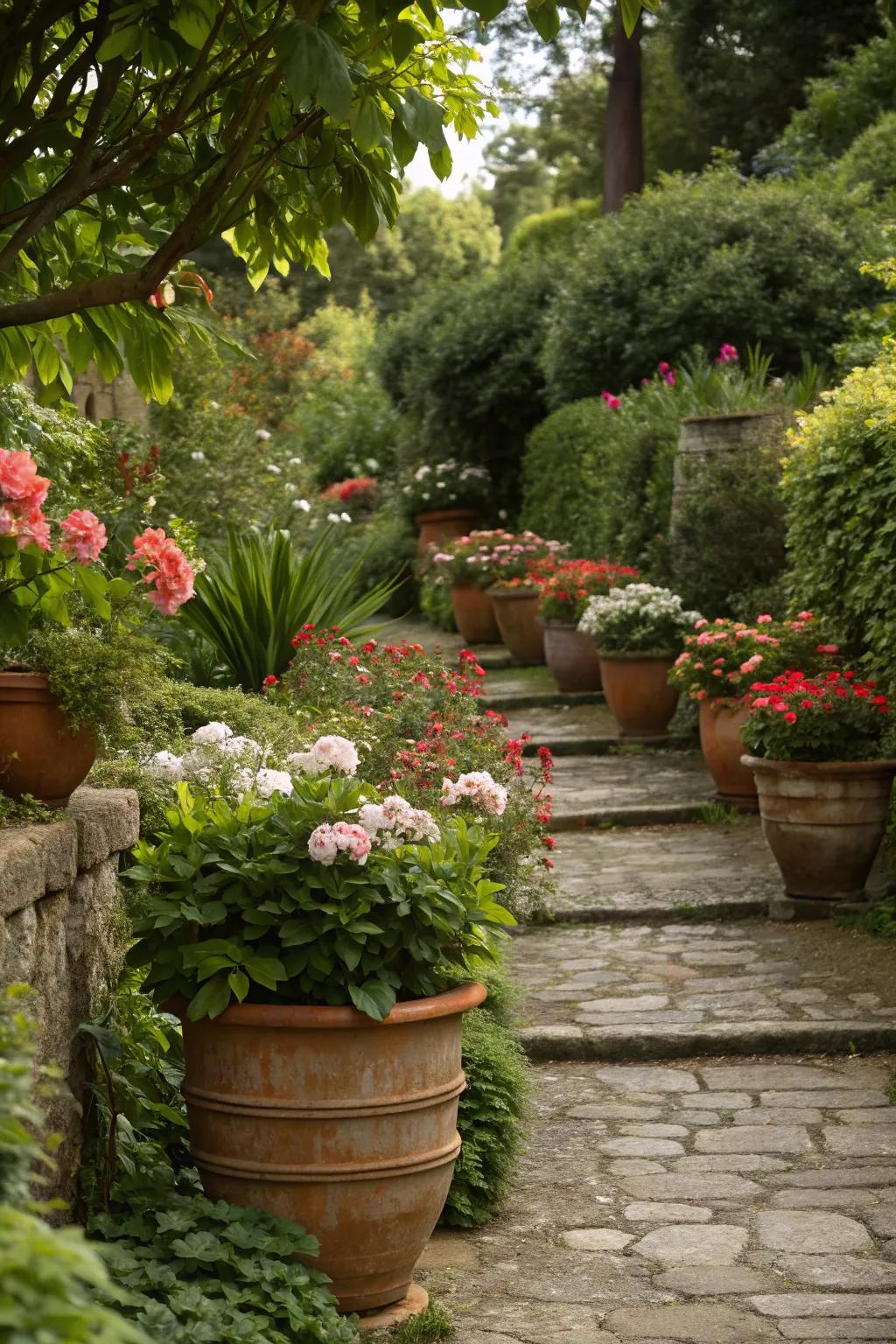 Potted flowers blending seamlessly into the garden.