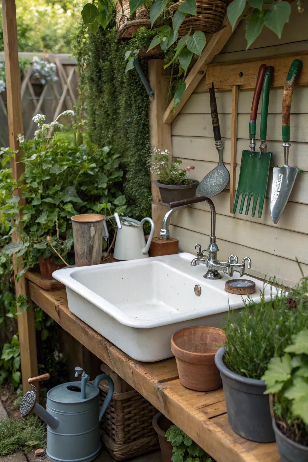 A convenient sink station makes outdoor gardening tasks a breeze.