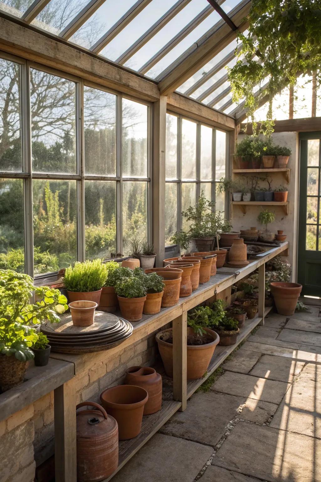 A sunlit potting shed with ample natural light.