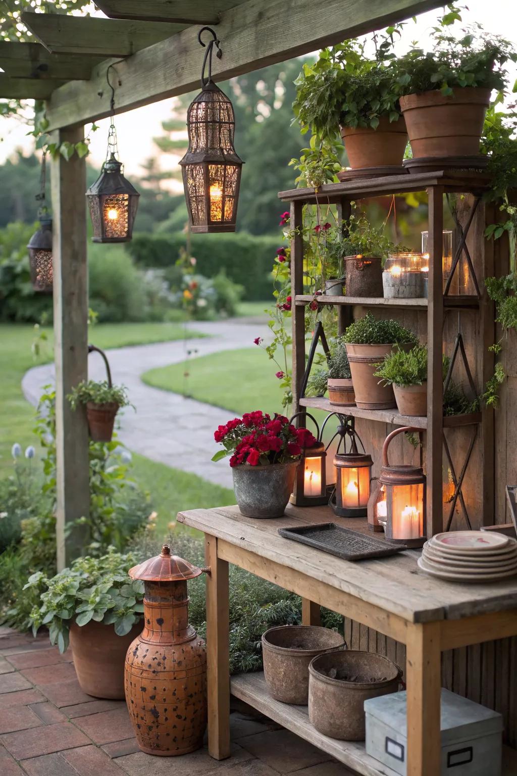 A potting station adorned with charming decorative elements.