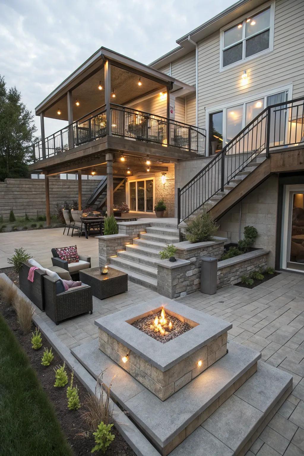 A multi-level patio with a raised fire pit area for added style.